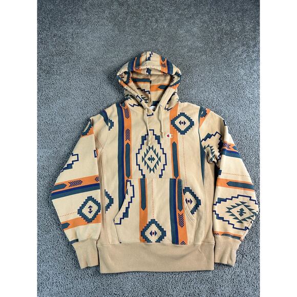 Champion Hoodie Mens Medium Beige Aztec Southwestern Reverse Weave Pullover - Picture 2 of 8